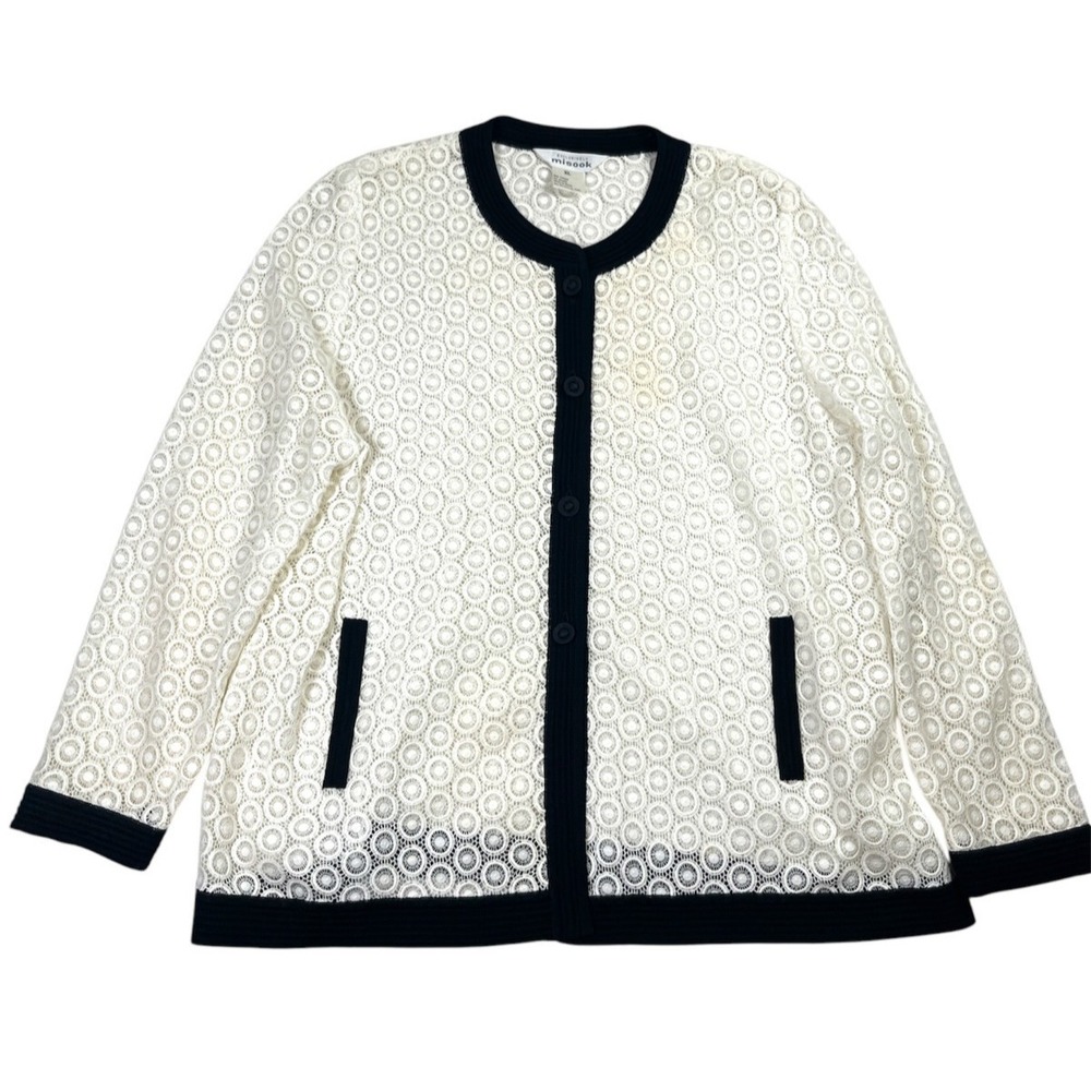 Exclusively Misook Button Down Cardigan Women's XL White Crew Neck Eyelet knit